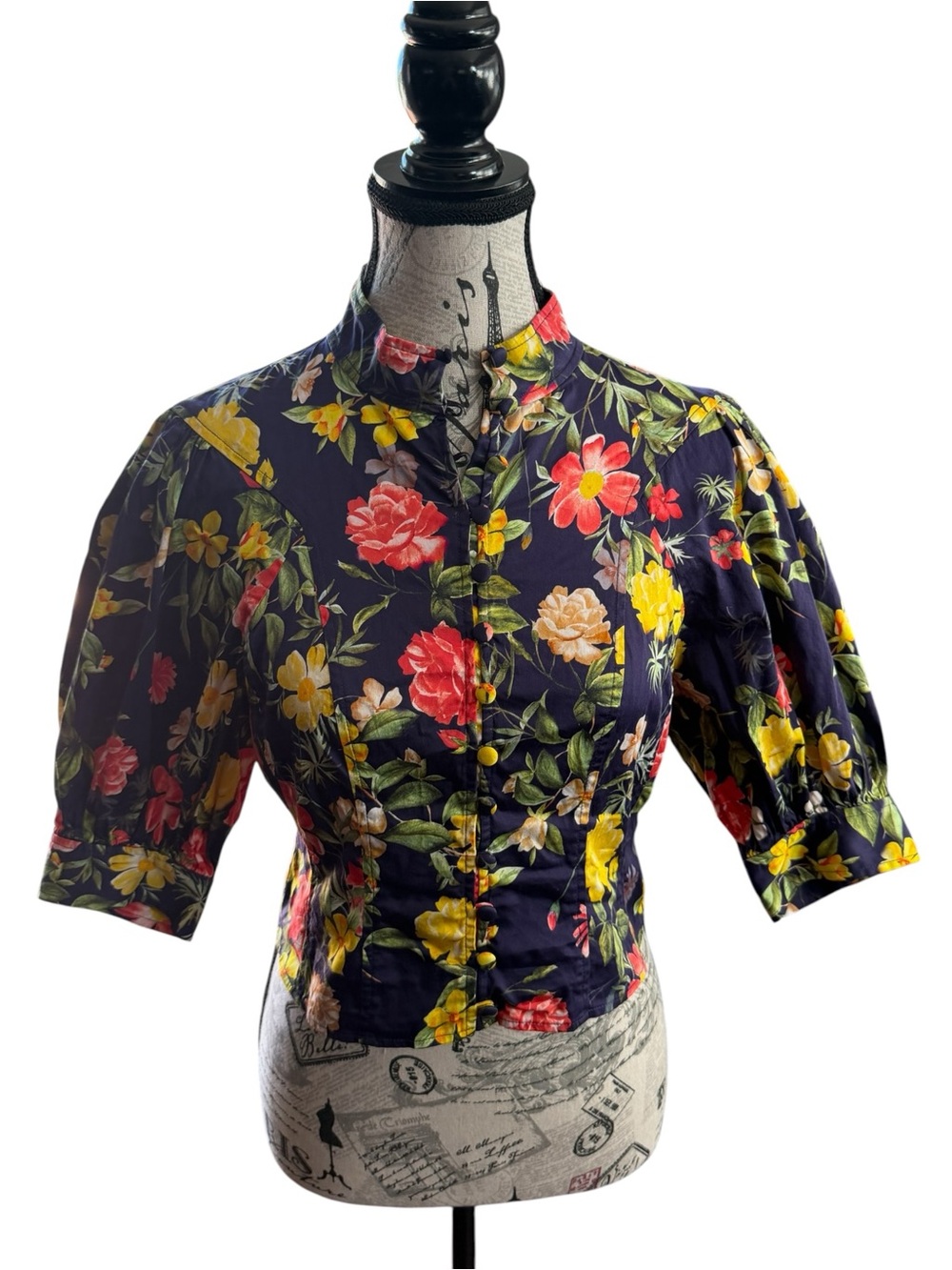 Marissa Webb Navy Floral Button-Front Blouse with Mandarin Collar